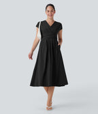 BreezefulTM V Neck Short Sleeve Pocket Tie Back Quick Dry Midi Casual Dress