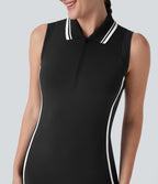 SoftlyZeroTM Airy Color Block Polo Zip Sleeveless Bodycon Cool Touch Mini Casual Dress-UPF50+