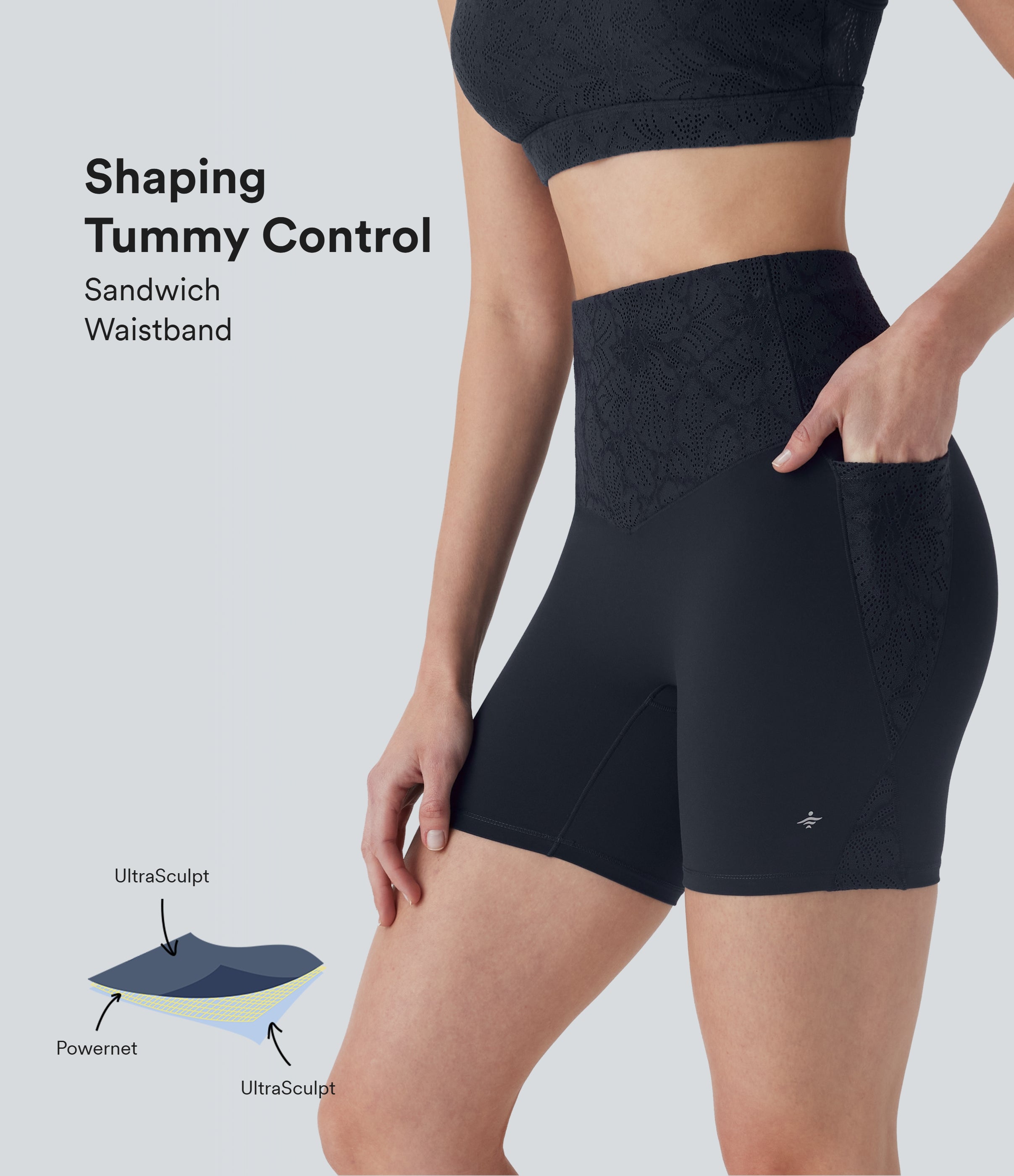 UltraSculptTM SoCinched High Waisted Tummy Control Contrast Lace Training Biker Shorts 5'' with Pockets