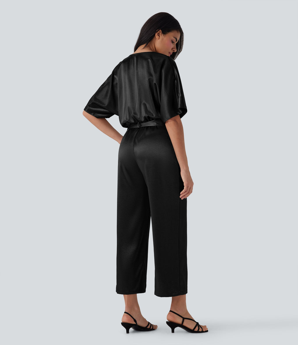 Crossover V Neck Belted Wide Leg Satin-like Work Jumpsuit with Pockets