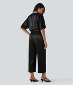 Crossover V Neck Belted Wide Leg Satin-like Work Jumpsuit with Pockets