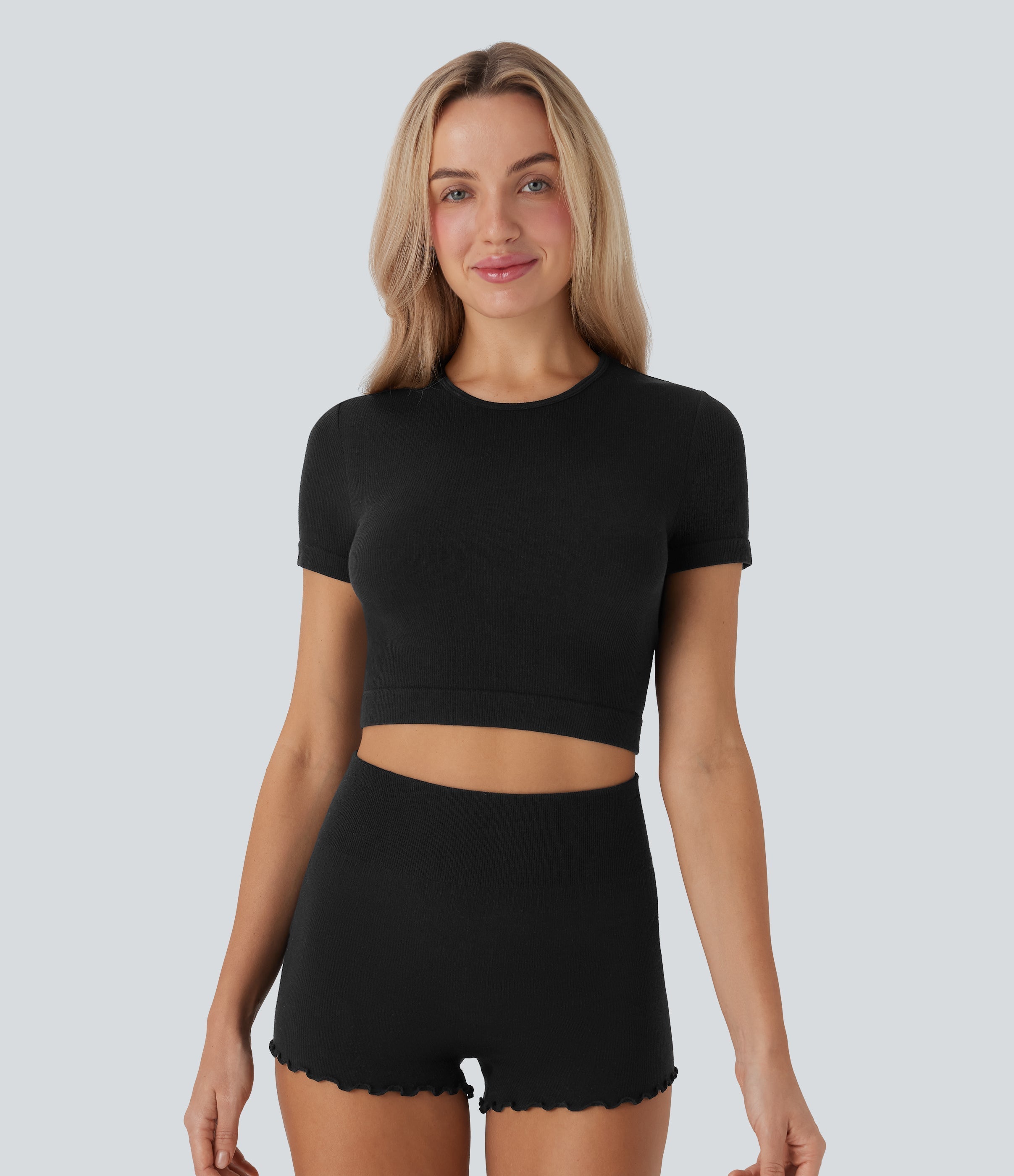 Seamless Flow Round Neck Short Sleeve Cropped Lounge Top