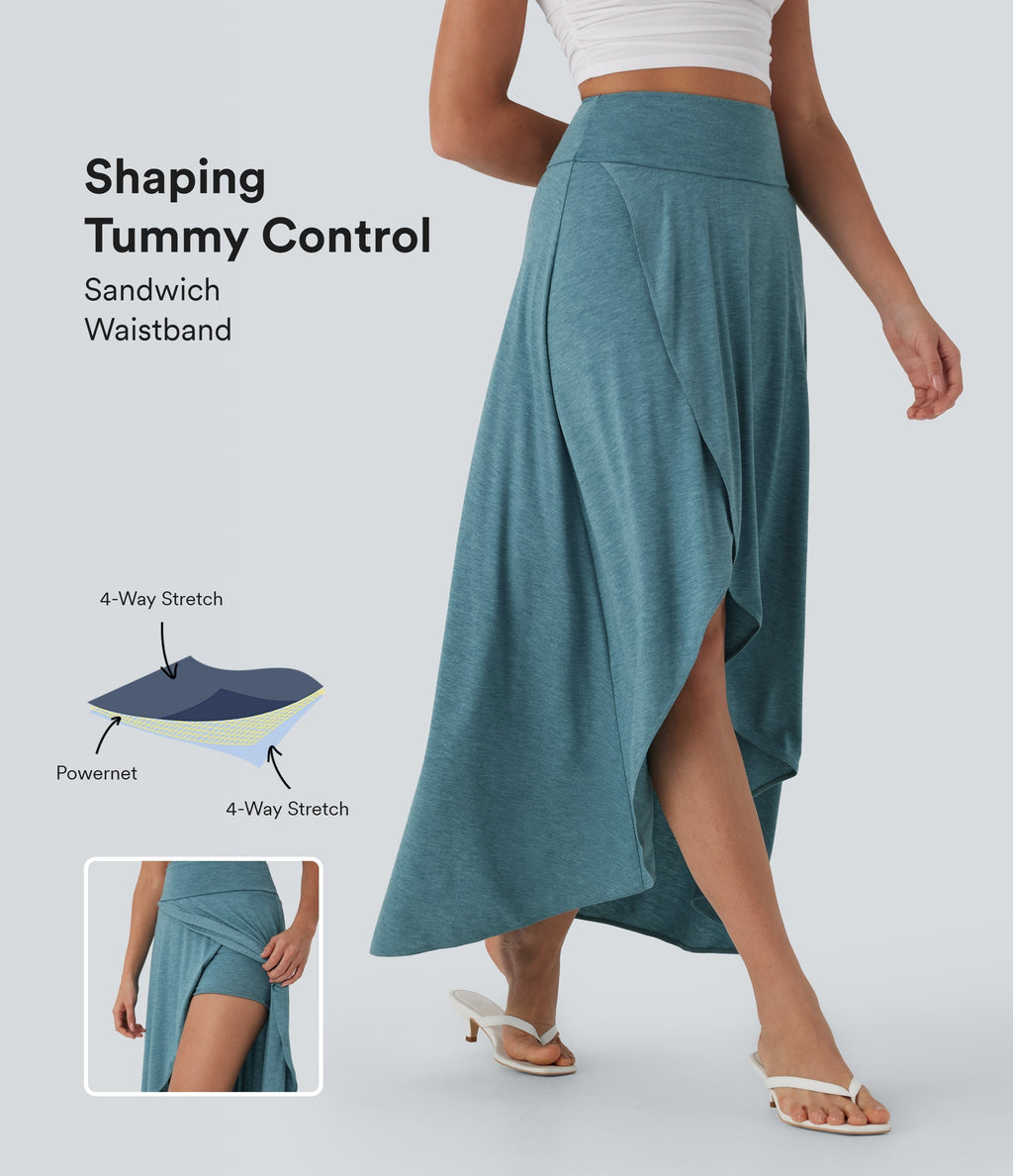 SoCinched High Waisted Tummy Control High Low 2-in-1 Flowy Maxi Casual Skirt