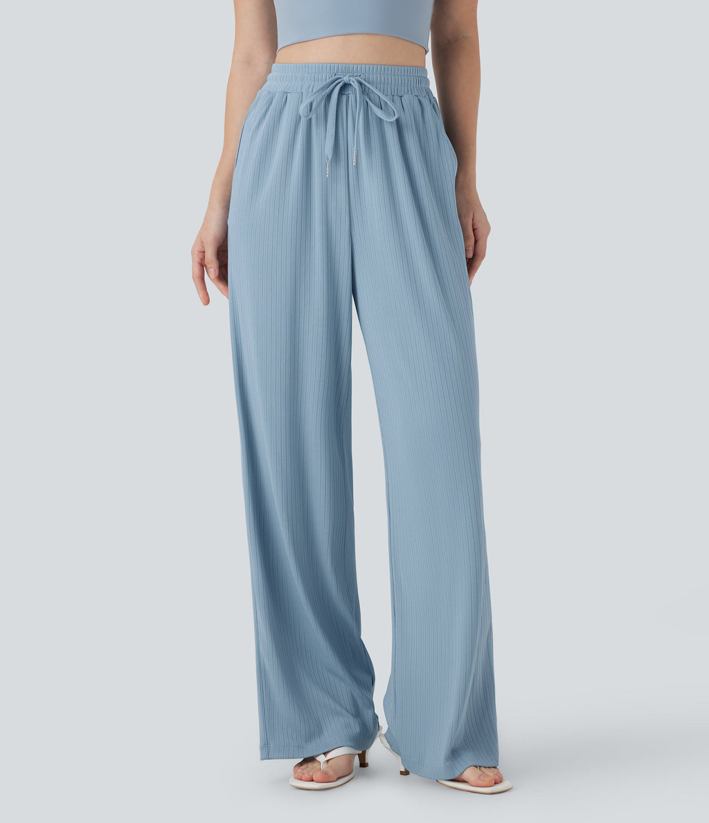 Ribbed Knit High Waisted Drawstring Straight Leg Casual Pants with Pockets