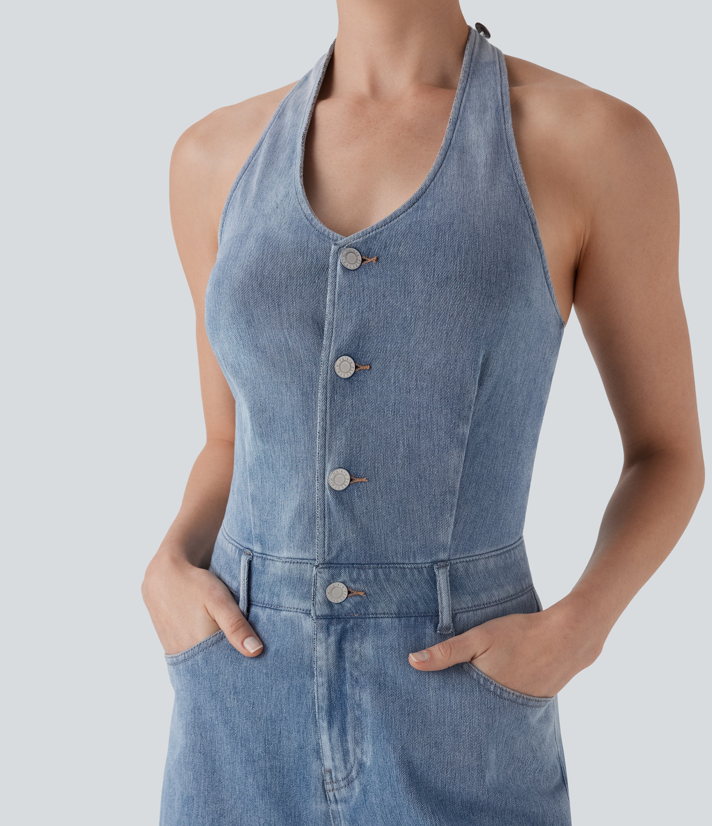 FlexTM Halter Wide Leg Denim Casual Jumpsuit with Pockets