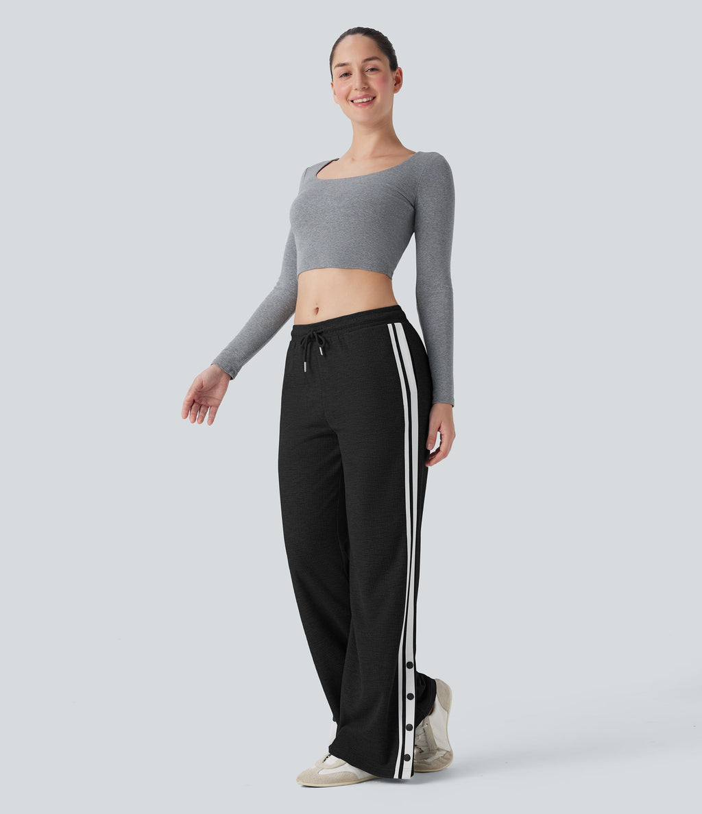Low Rise Drawstring Color Block Snap Waffle Casual Wide Leg Pants with Pockets