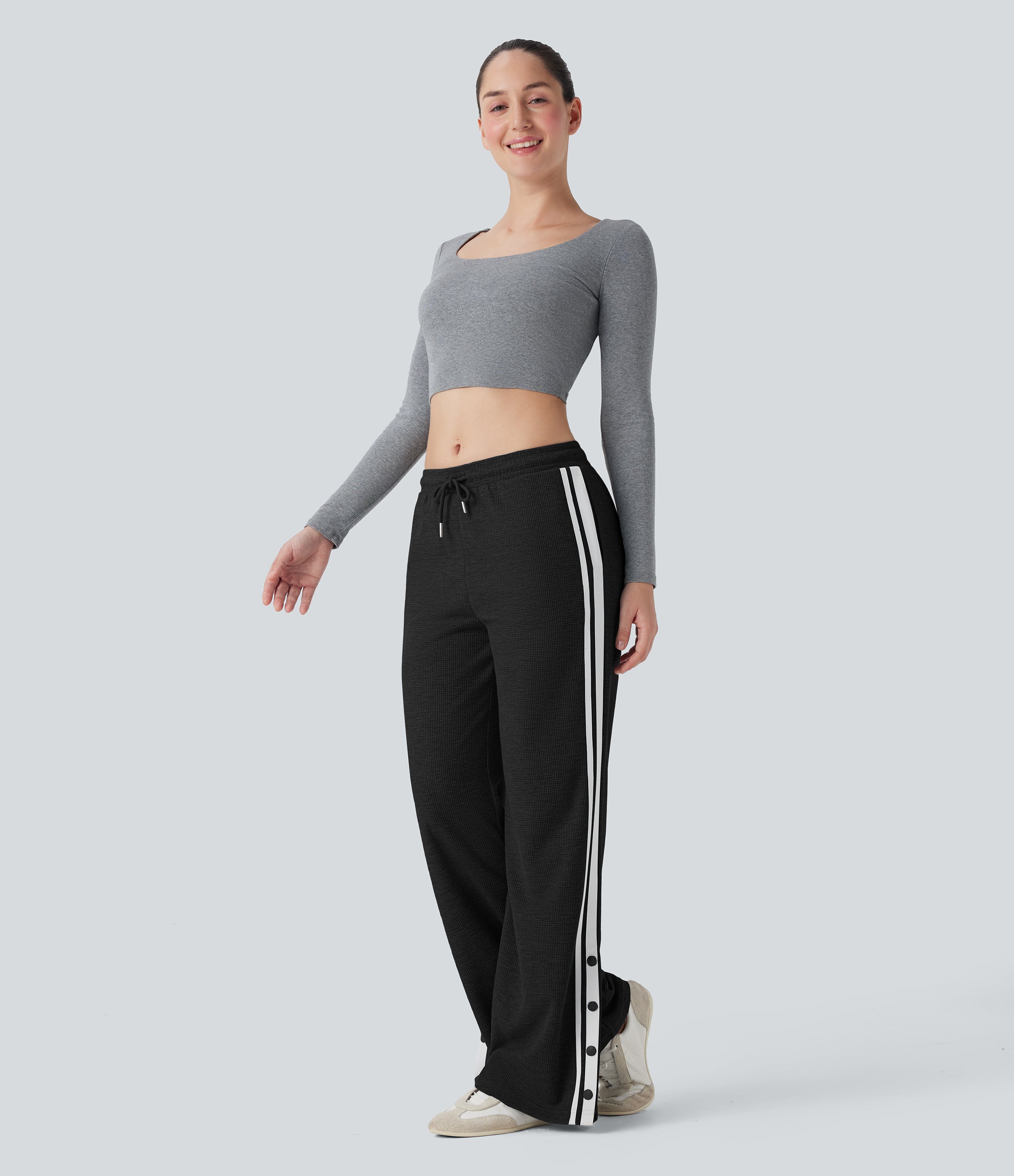 Low Rise Drawstring Color Block Snap Waffle Casual Wide Leg Pants with Pockets