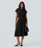 SoCinched Tummy Control Batwing Sleeve Flowy Midi Work Dress with Pockets