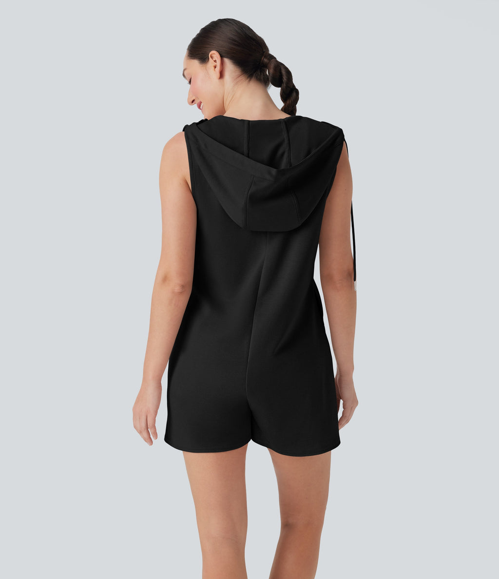 Hooded Sleeveless Zipper Casual Jumpsuit with Pockets