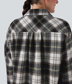 Plaid Curved Hem Casual Shirt Jacket with Flap Pockets