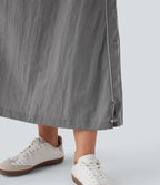 High Waisted Color Block Stripe Cinchable Hem A-line Midi Casual Skirt with Pockets
