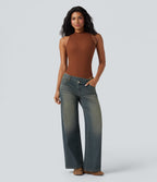 FlexTM Asymmetric Low Rise Zipper Pockets Baggy Wide Leg Washed Casual Jeans