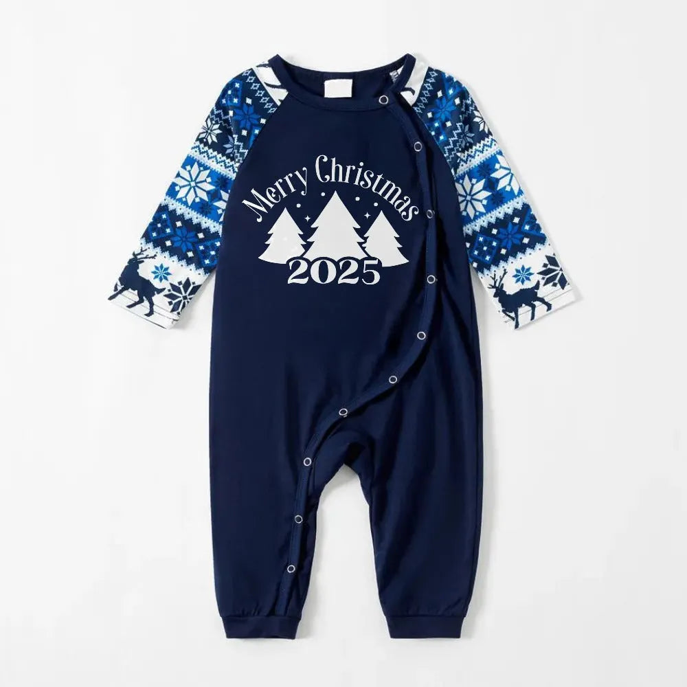 Joyful Blue Christmas Pajamas Set with Christmas Tree and Slogan Designs