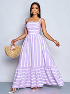 Women's Blue And White Stripe Flowing Maxi Dress,Summer Elegant Holiday Tea Party Holiday,Shoulder Straps Chest Gathering,Beach Casual Gown