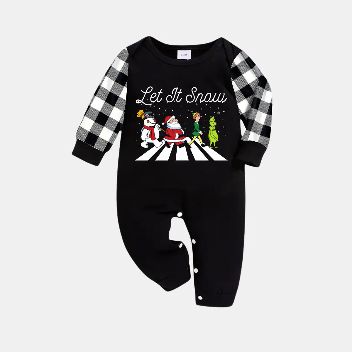 Black and White Plaid Christmas Pajamas Set with Santa Claus and Cartoon Pattern Print
