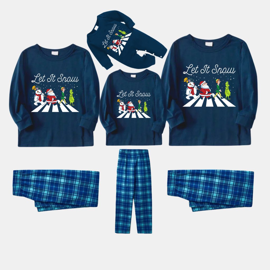 Navy & Sky Blue Plaid Christmas Pajamas Set with Santa Claus and Cartoon Pattern Print