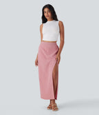 High Waisted Stripe Maxi Linen-Feel Skirt with Pockets