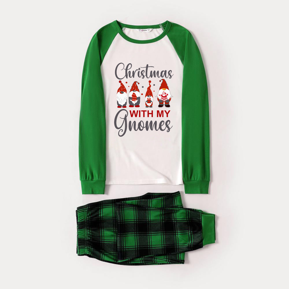 Green Raglan Top Green Plaid Christmas Pajamas Set With "Christmas WITH MY Gnomes" red and grey Cartoon Pattern Print