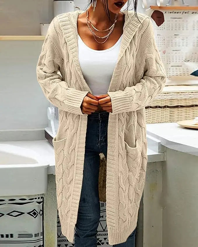 Women's Chunky Cable-Knit Hooded Cardigan Coat - H-Type, Open Front, Baggy Oversized, Acrylic, Long Chunky Knit Sleeves, Stretchy, Knitwear for Work & Casual Wear, All-Season Tops