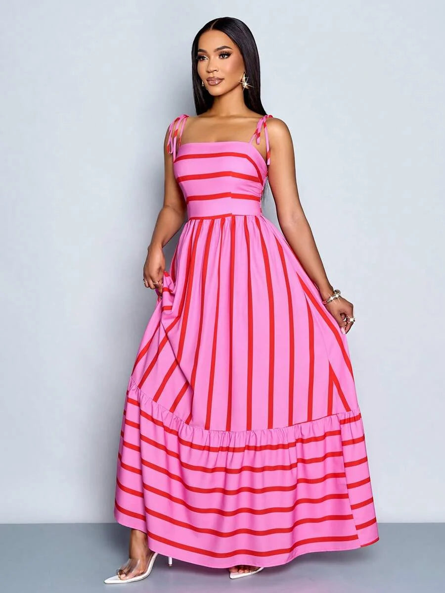 Women's Blue And White Stripe Flowing Maxi Dress,Summer Elegant Holiday Tea Party Holiday,Shoulder Straps Chest Gathering,Beach Casual Gown