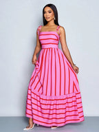 Women's Blue And White Stripe Flowing Maxi Dress,Summer Elegant Holiday Tea Party Holiday,Shoulder Straps Chest Gathering,Beach Casual Gown
