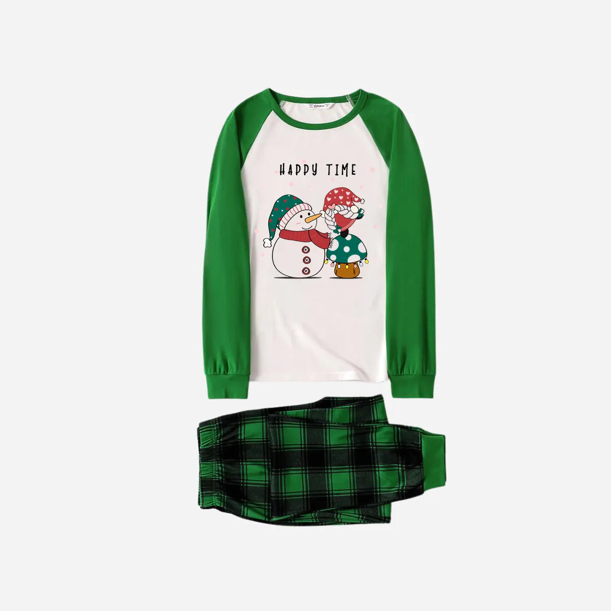 Green Raglan Top Green Plaid Christmas Pajamas Set With Snowman and Gnome and "Happy Time" Text Print