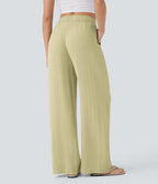 Women Summer High Waisted Drawstring Pocket Wide Leg Casual Linen-Feel Pants