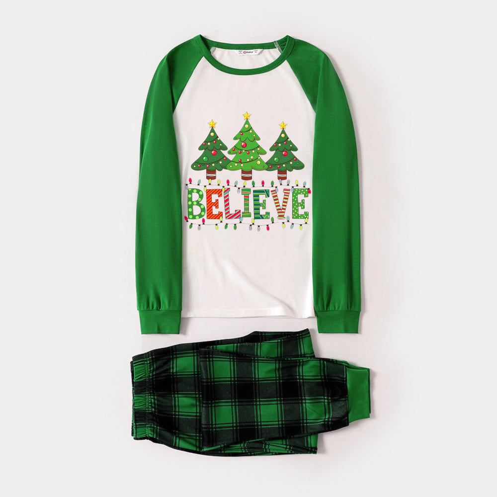 Green Raglan Top Green Plaid Christmas Pajamas Set With "BELIEVE" and Christmas Tree Print