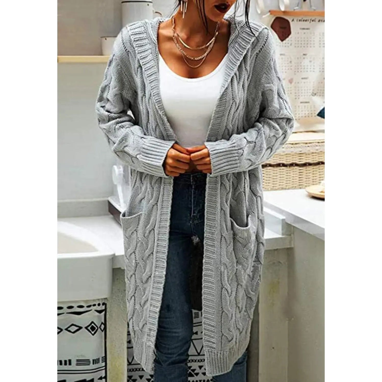 Women's Chunky Cable-Knit Hooded Cardigan Coat - H-Type, Open Front, Baggy Oversized, Acrylic, Long Chunky Knit Sleeves, Stretchy, Knitwear for Work & Casual Wear, All-Season Tops