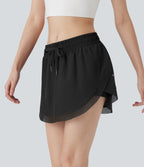 Mid Rise Drawstring 2-in-1 Contrast Mesh Mini Tennis Skirt with Pockets