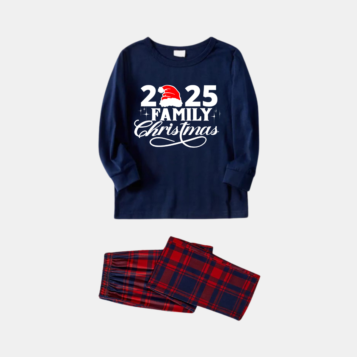 "2025 Family Christmas" Text Print Blue Long Sleeve Top with Blue & Red Plaid Family Matching Pajamas