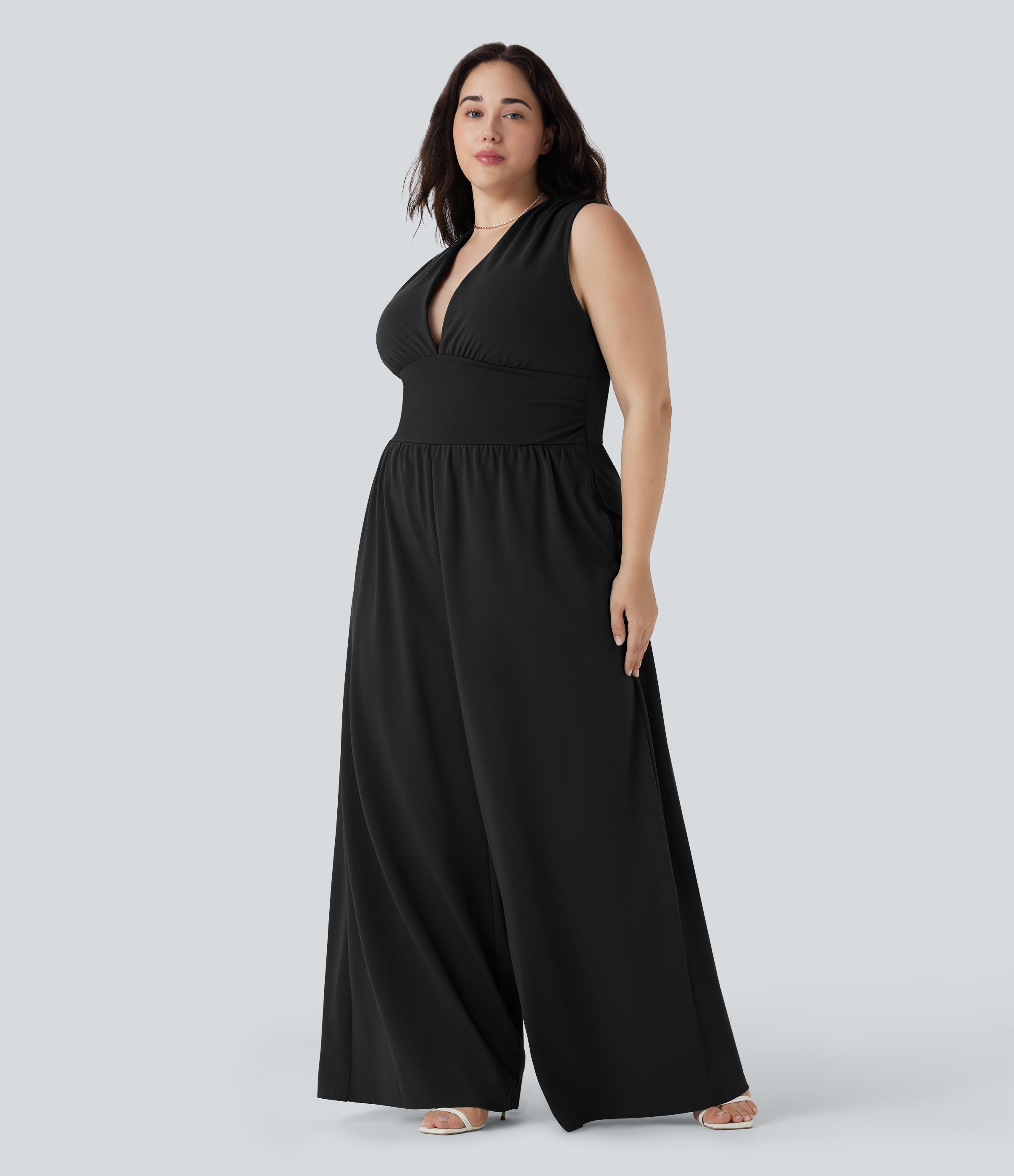 Plus Size V Neck Sleeveless Jumpsuit with Pockets-Easy Peezy Edition