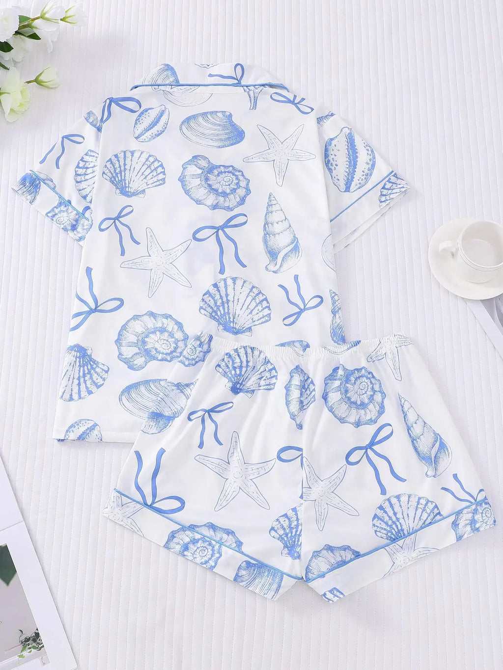 Women's All Over Print Button Front Top & Elastic Waist Shorts Pyjama Two-piece Set
