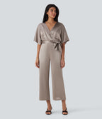 Crossover V Neck Belted Wide Leg Satin-like Work Jumpsuit with Pockets