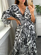 NEW🔥 V Neck Elastic Waist Printed Dress