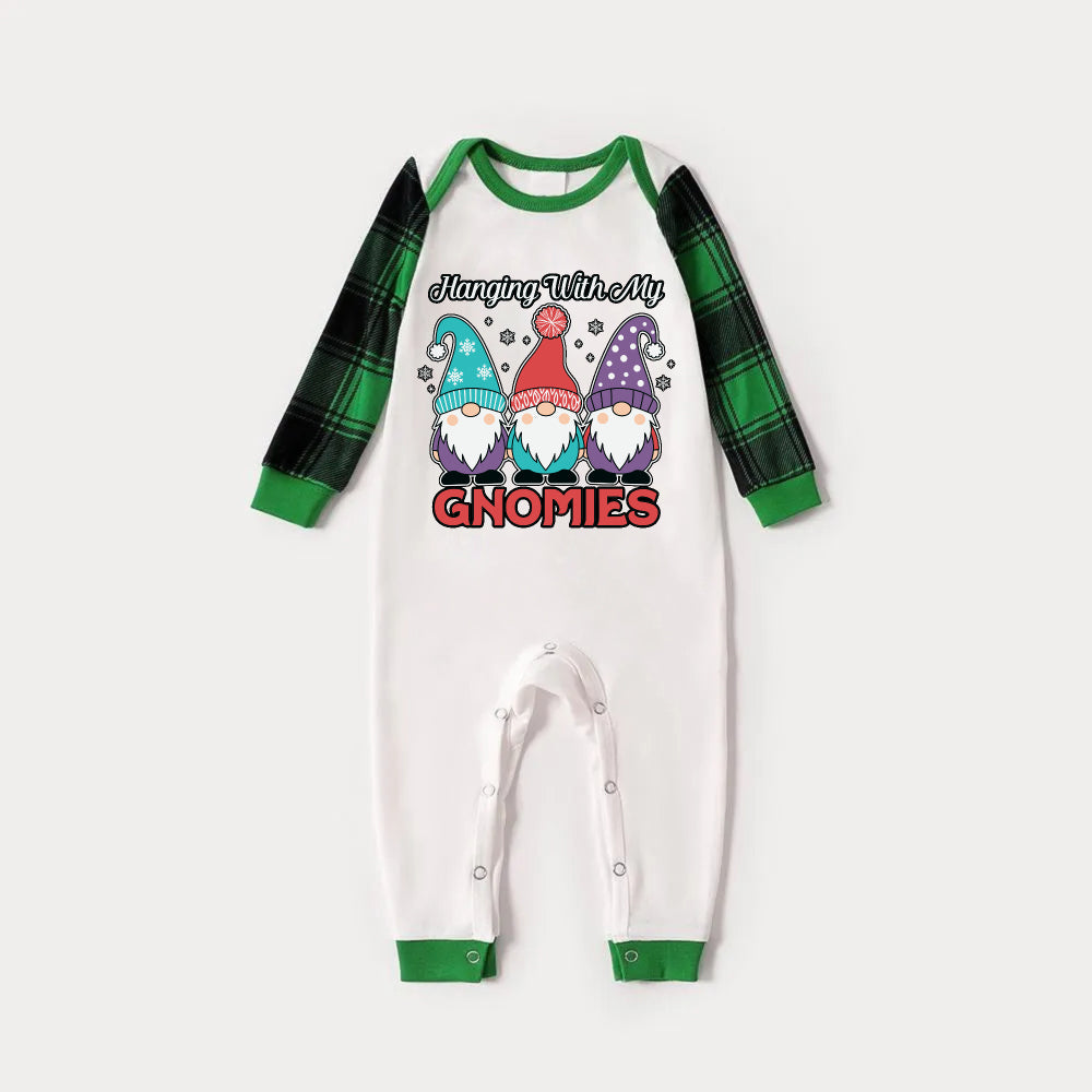 Green Raglan Top Green Plaid Christmas Pajamas Set With "Hanging With My GNOMIES" and Cute Gnomes Print