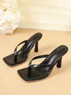 Square Toe Wide Foot Thong Sandals With Thin Heel, Versatile Outdoor Wear Thin Heel Thong Flip Flops For Women, Chic & Elegant