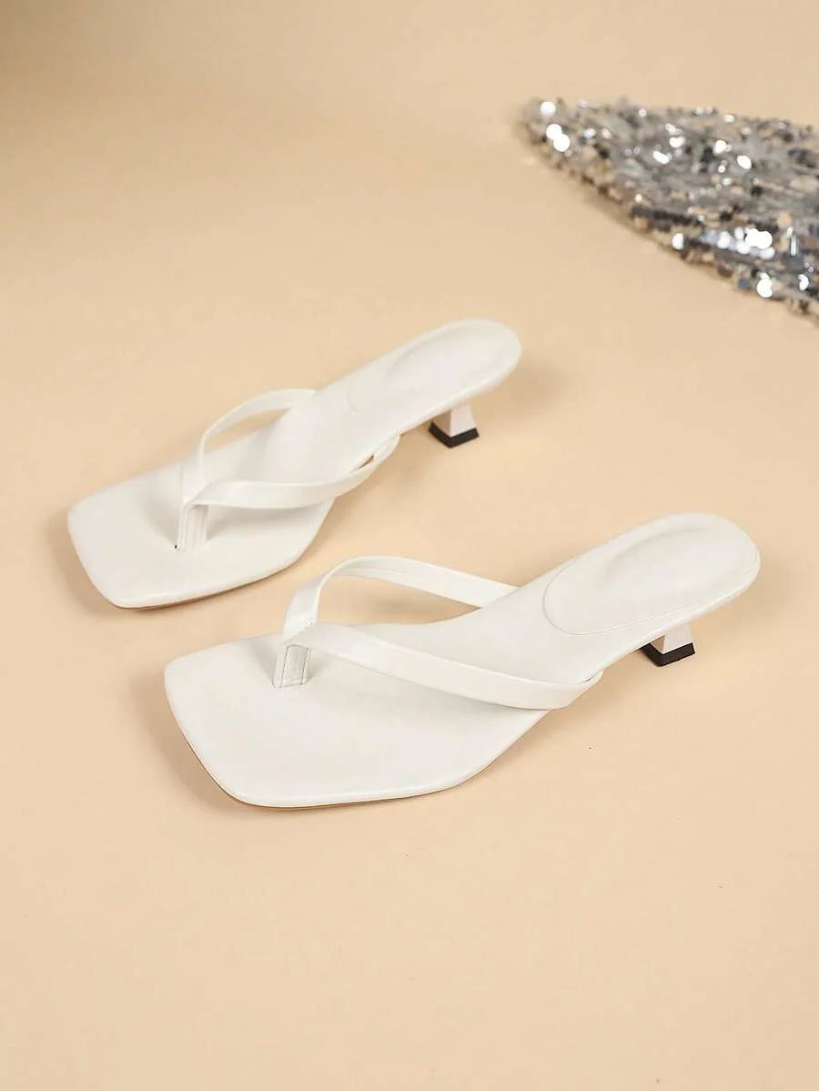 Square Toe Wide Foot Thong Sandals With Thin Heel, Versatile Outdoor Wear Thin Heel Thong Flip Flops For Women, Chic & Elegant