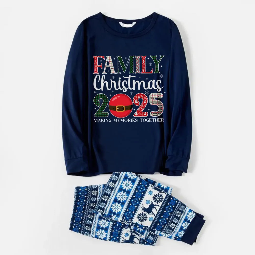 Joyful Blue Christmas Pajamas Set  With "Family Christmas 2025" Holiday Quotes