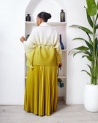 IVORY X OLIVE RUFFLE DETAIL BATWING TOP X PLEATED SKIRT MIYAKI SUIT SET