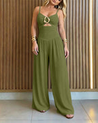 Women's Gold Ring Hollow Out Wide Leg Jumpsuit Backless Adjustable Strap Romper Elegant Party Jumpsuit