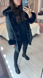 Alice Black Faux Fur Detail Quilted Coat