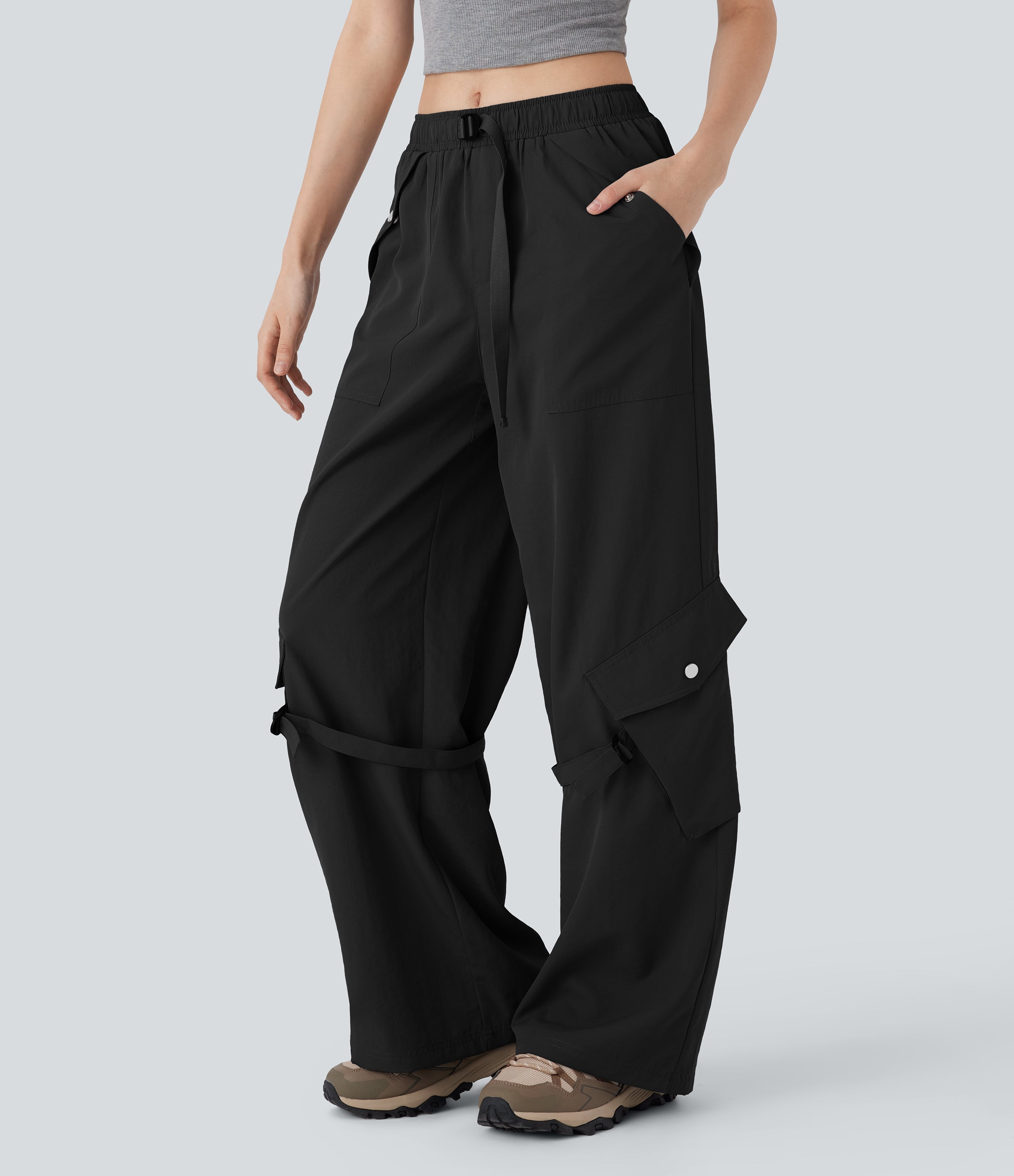 Mid Rise Belted Wide Leg Hiking Cargo Pants with Pockets
