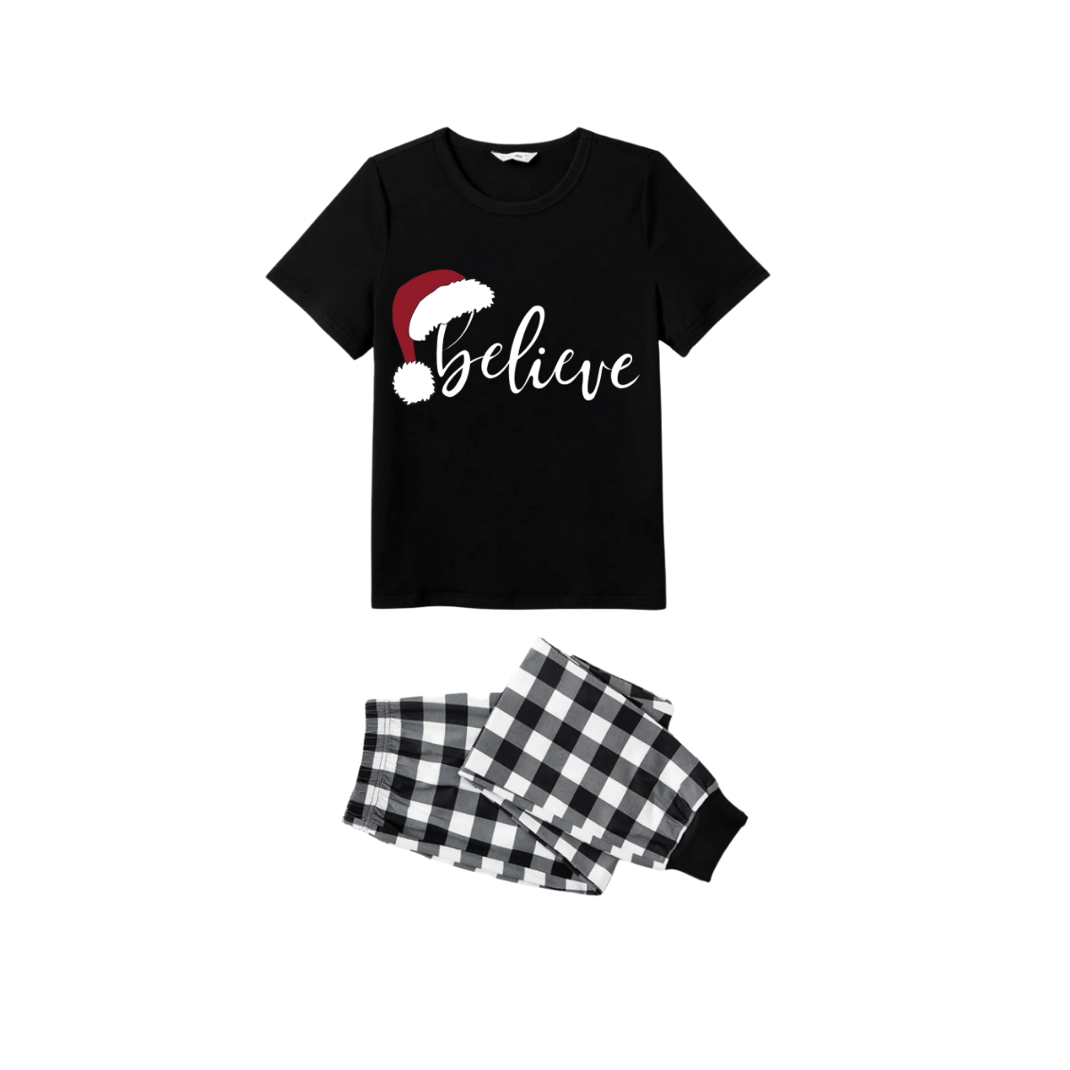 Believe Couple Christmas Pajamas Set - Black Top Black and White Plaid Pants White Text Graphic