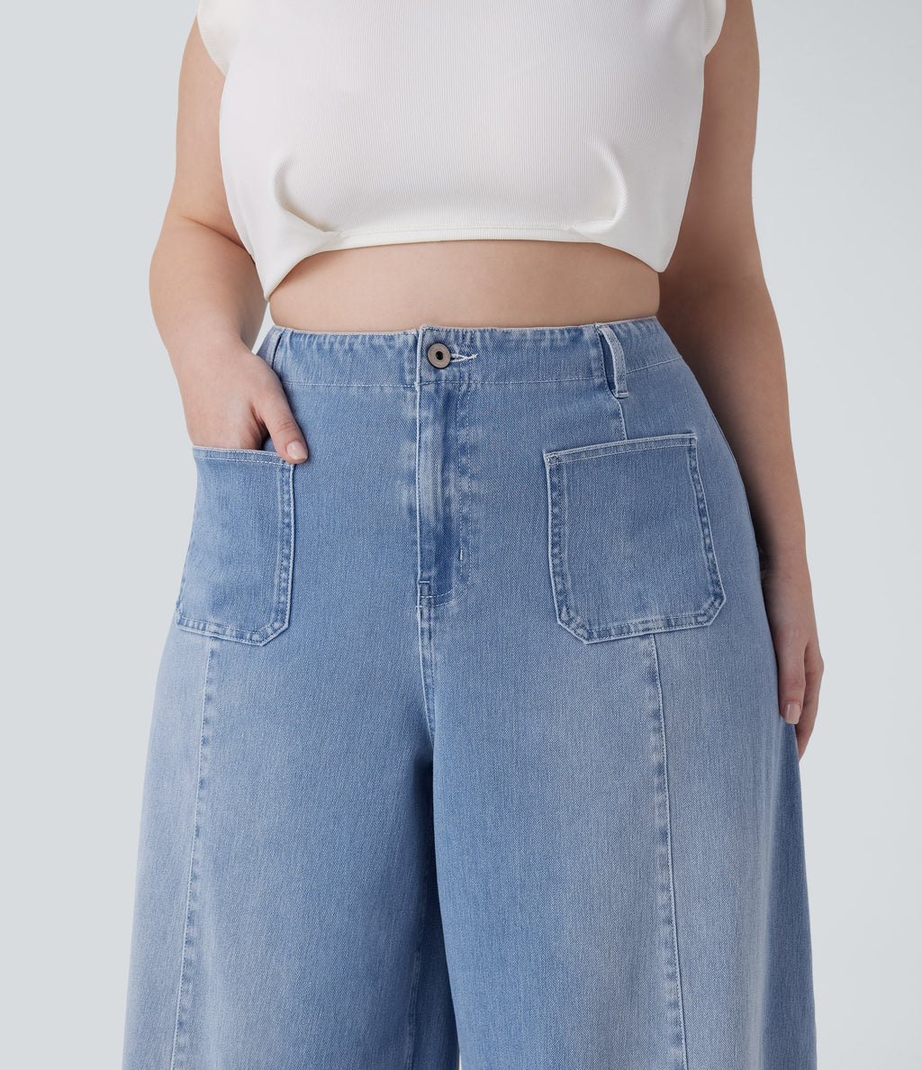 FlexTM High Waisted Pockets Washed Casual Wide Leg Plus Size Jeans