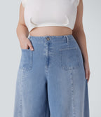 FlexTM High Waisted Pockets Washed Casual Wide Leg Plus Size Jeans