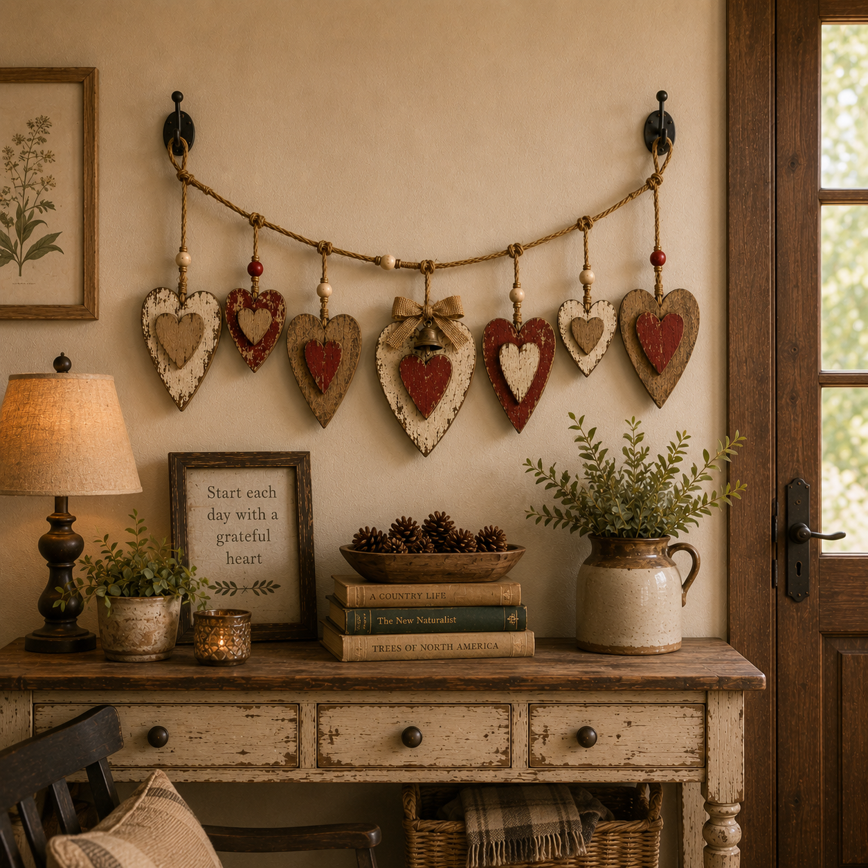 Rustic Vintage Wooden Heart Garland – 39.4″ Farmhouse Mantel & Wall Hanging Decor