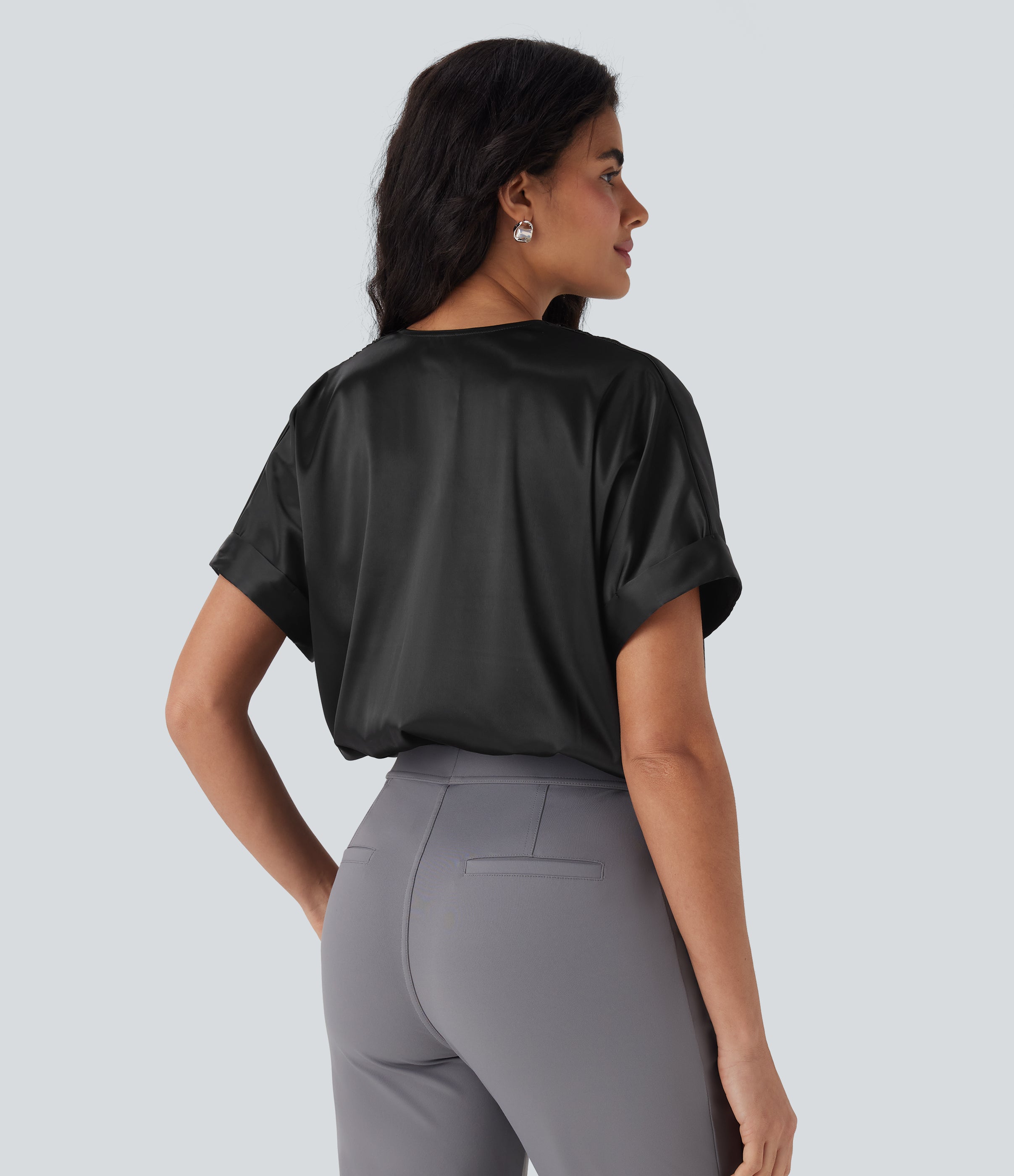 Crossover V-Neck Batwing-Sleeve Snap Satin Work Bodysuit