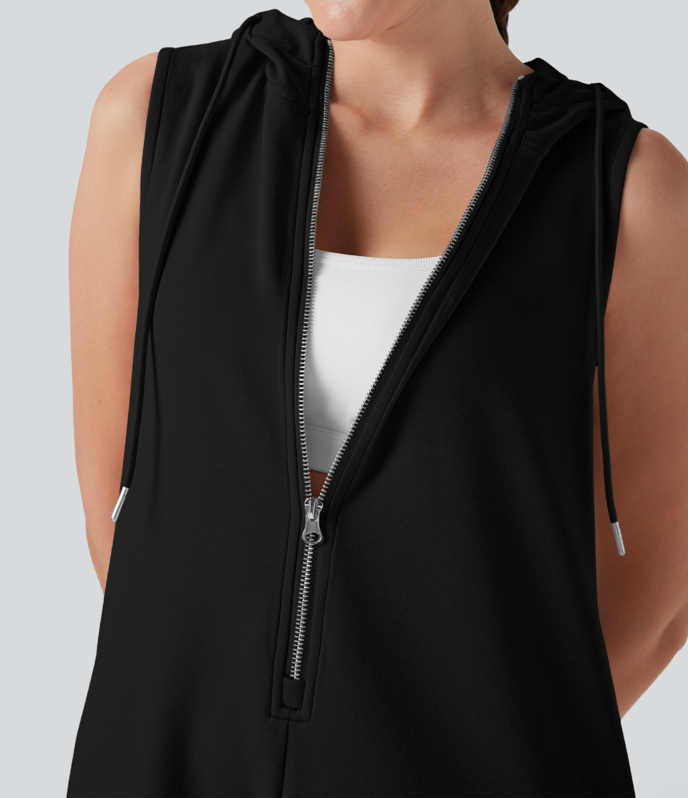 Hooded Sleeveless Zipper Casual Jumpsuit with Pockets
