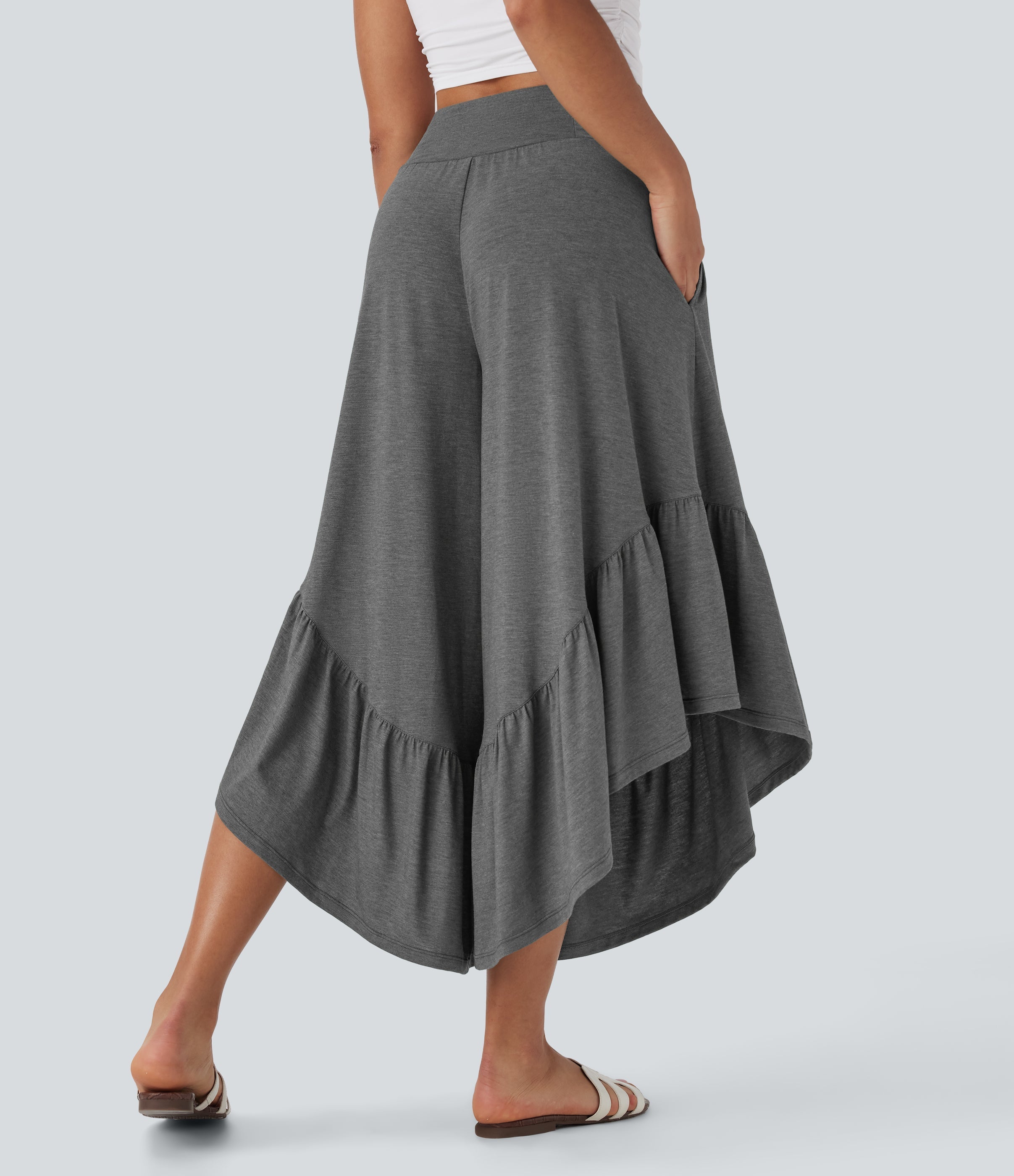 High Waisted Ruffle Hem Casual Pants with Pockets